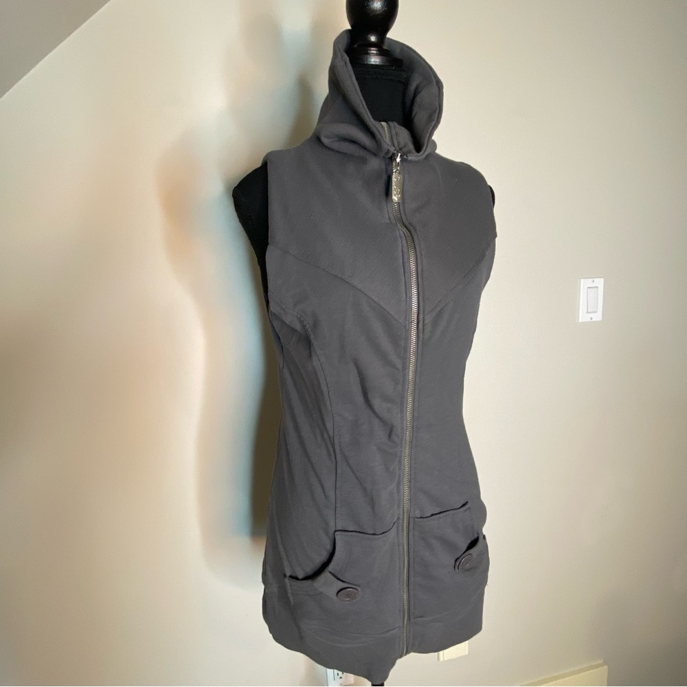 STREETWEAR SOCIETY Long Grey Vest Zipper Pockets Mock Neck Y2K Layers Fall Large - Picture 9 of 14